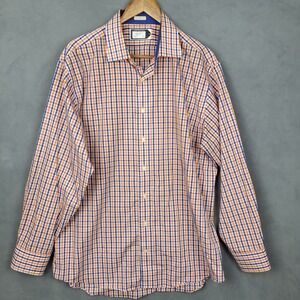 Lorenzo Uomo‎ Shirt Men's 34 Orange Plaid Cotton Collared Long Sleeve Button-Up